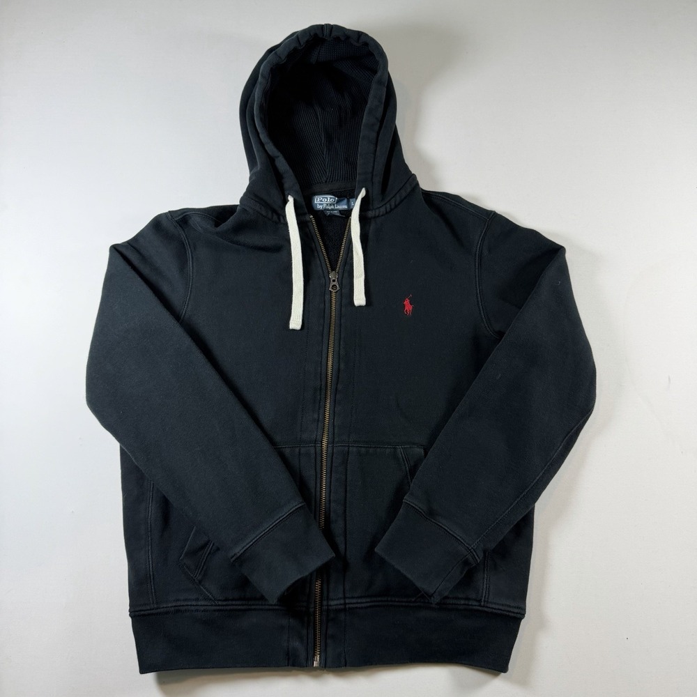 Polo Ralph Lauren Hoodie Mens L Black Full Zip Sweatshirt Jacket Red Pony Logo